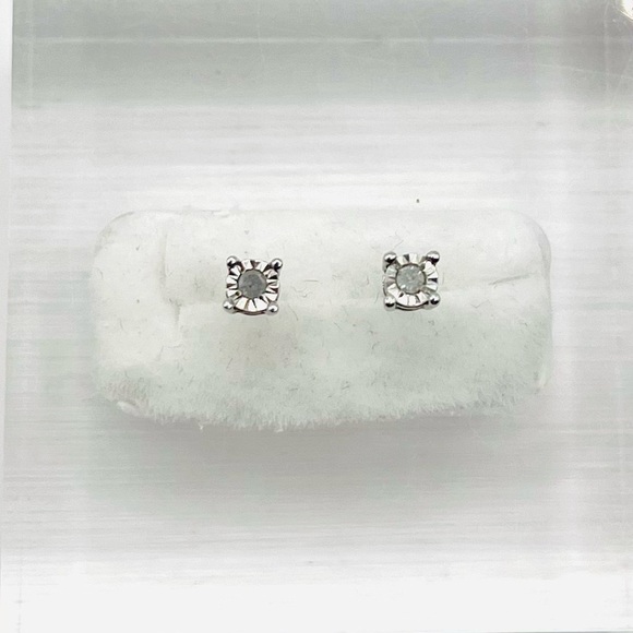 Natural Diamond Tiny Stud Earrings 925 Sterling Silver - Picture 2 of 4